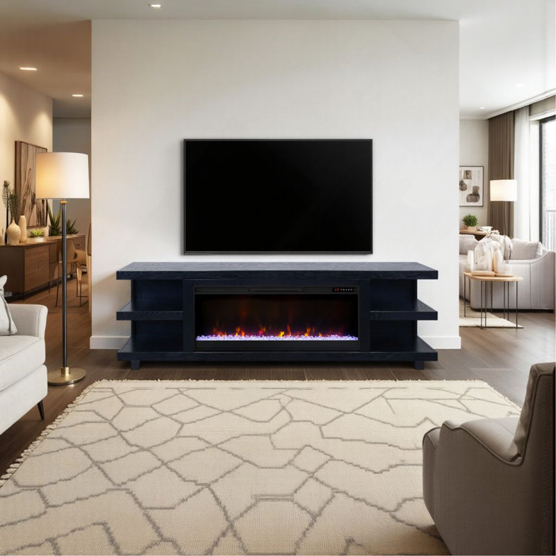 Meuble télé avec foyer électrique pour téléviseur Aspen, Noir, H 25 po x l 82 po x P 17 po