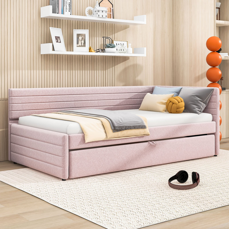 Lit de jour simple rembourré avec lit gigogne simple, Rose