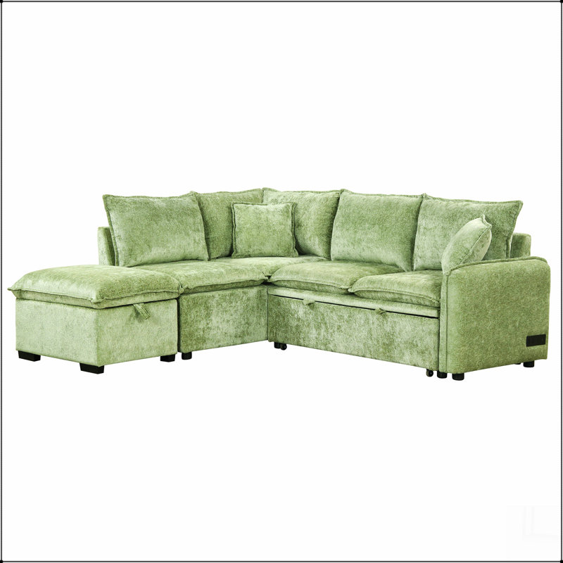 Canapé-lit modulaire en forme de L avec repose-pieds de rangement 82,67 po, Chenille verte