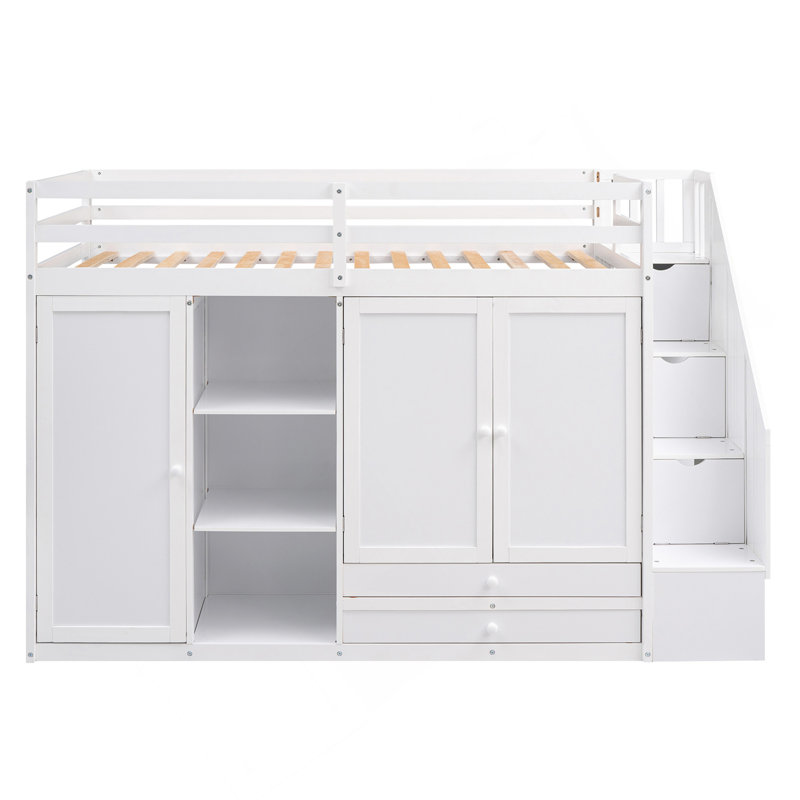 Lit mezzanine fonctionnel avec 3 tablettes, 2 armoires et 2 tiroirs, échelle avec rangement, aucun sommier nécessaire, blanc