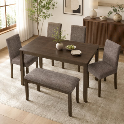 Damekia 6-Piece Dining Set with Bench, 4 Chairs and Walnut Rectangular Table