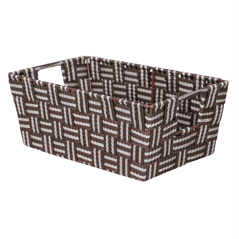 Bac en tissu rayé à sangle ouverte, H 4,5 po x l 6,75 po x P 12 po, Brun