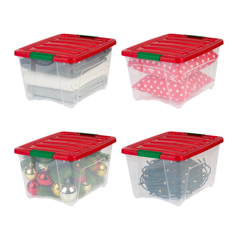 IRIS 32 pte Boîte de rangement des Fêtes avec boucle transparente, corps transparent avec couvercle rouge et boucles vertes Elf (paquet de 4)