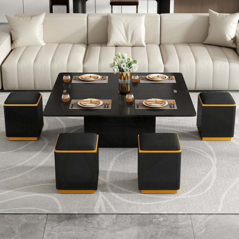 Table de bout à plateau relevable avec 4 tabourets de rangement, table de bout moderne avec plateau pliable, table de bout réglable multifonctionnelle pour le salon