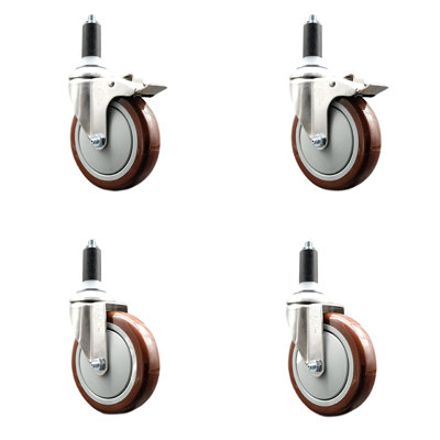 5 Inch 316SS Maroon Poly Swivel 1-1/4 Inch Stem Caster Set 2 Lock Brake SCC