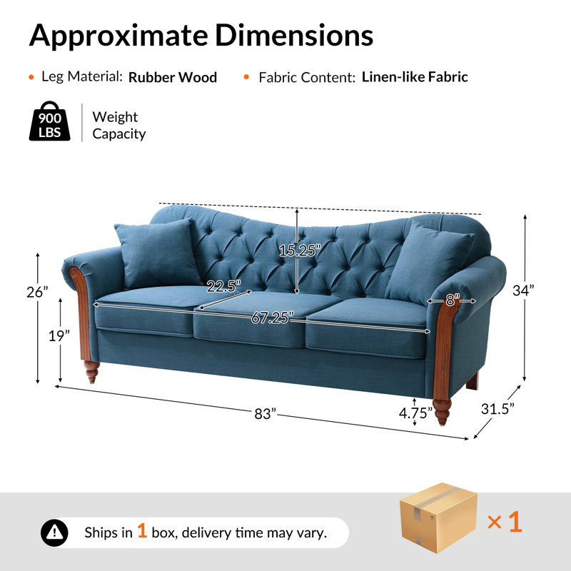 Mario Traditional 83"Wide Tufted Sofa with Solid Wood Legs, Navy