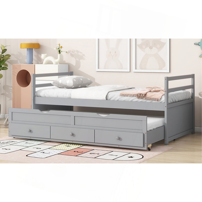 Twin Size Bed With Headboard, Footboard, Trundle And Three Storage Drawers, Twin Size Pine Wood Bed With Headboard, Footboard