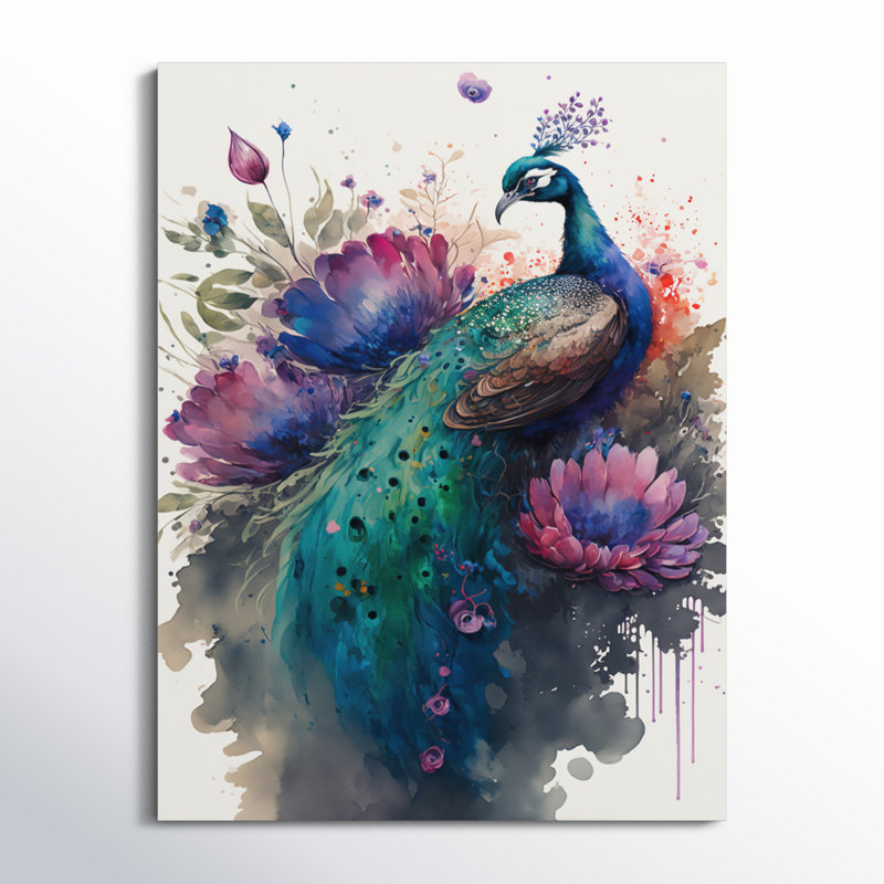Heffernan, paon mignon, art floral I - paon, art mural, H 32 po x l 24 po x P 1 po, Toile tendue