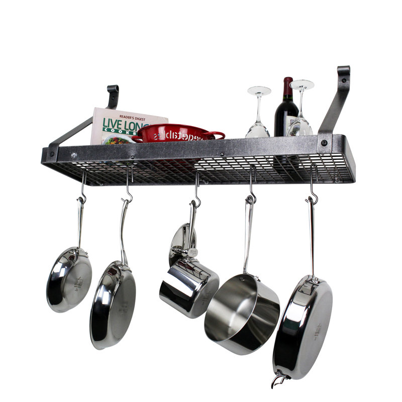 Gourmet USA Handcrafted Wall Mounted Pot Rack, Hammered Steel, 17" H x 36" W x 13" D