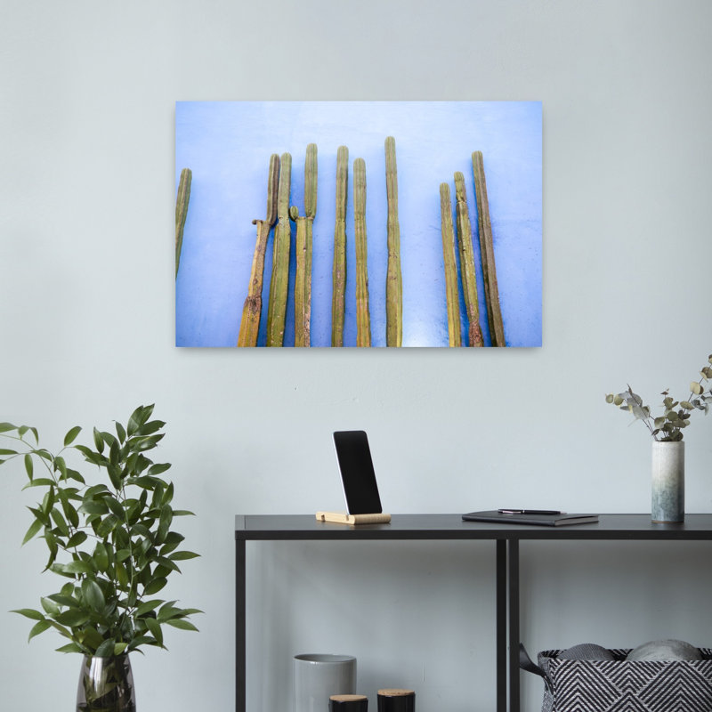 Tall Cacti on Blue | Oaxaca Mexico Travel Colorful Abstract Contemporary Cactus City Landscape Wall Art Print 1 Piece Wrapped Canvas Wall Art