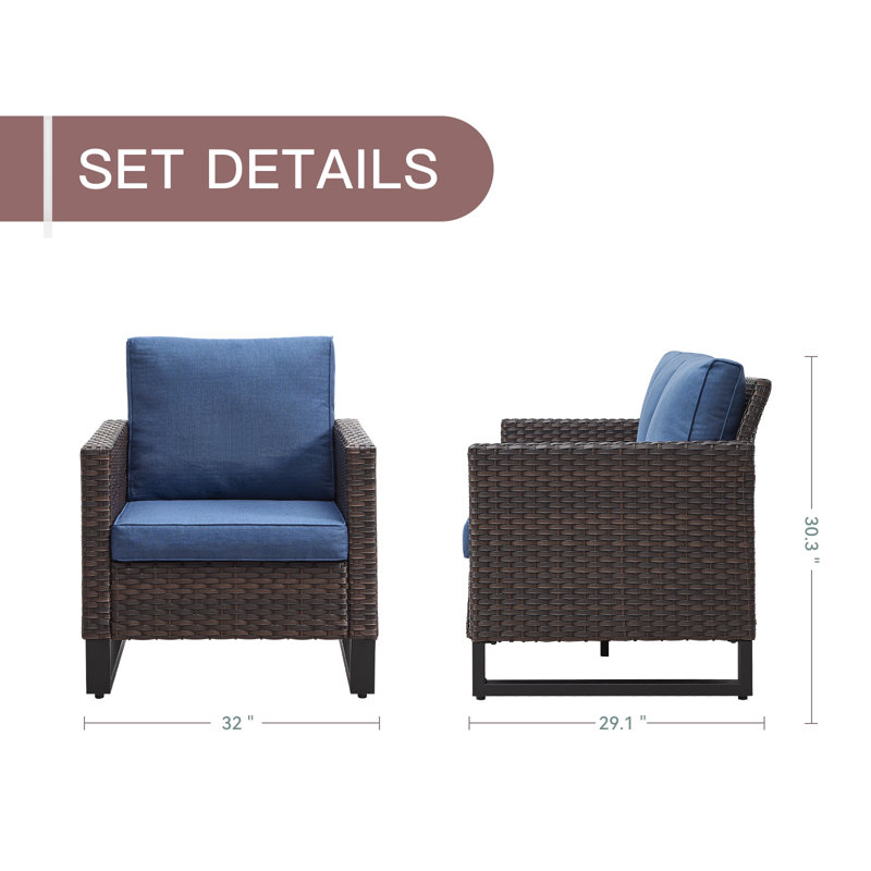 Chaises de patio en osier avec coussins en oléfine Naresa, Bleu, Brun
