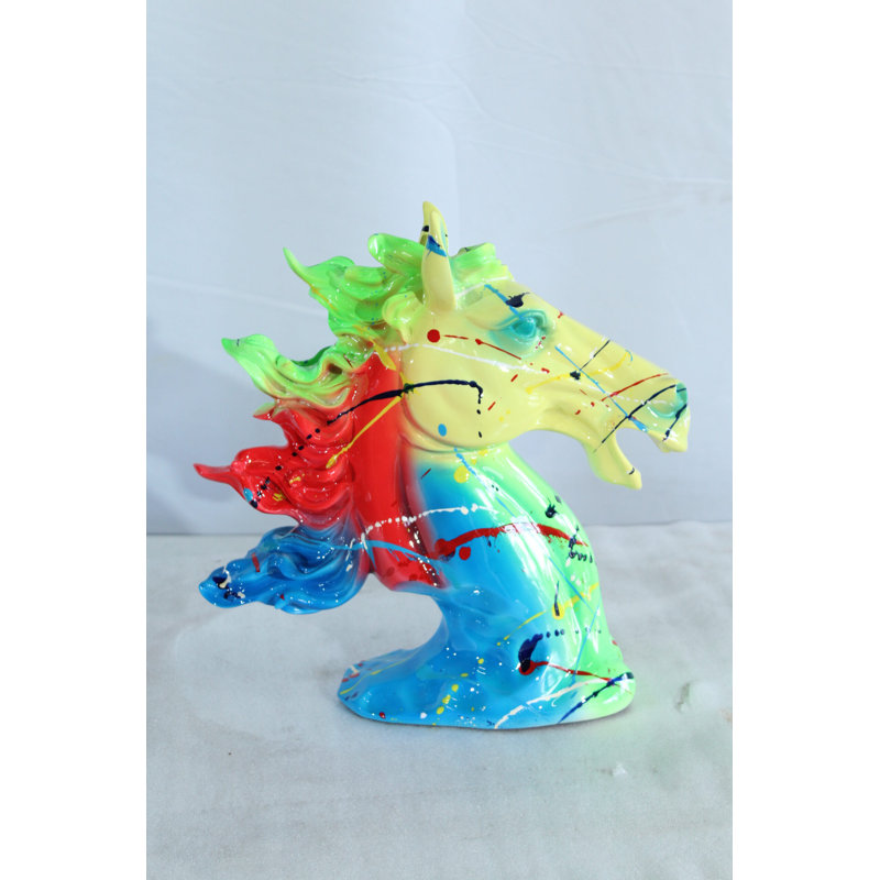 Sculpture tête de cheval en résine graffiti colorée Nifao - décor d'art moderne avec éclaboussures de néon, statue en résine ultrabrillante pour la maison, le bureau ou le salon - 11 po x 4 po x H 13 po