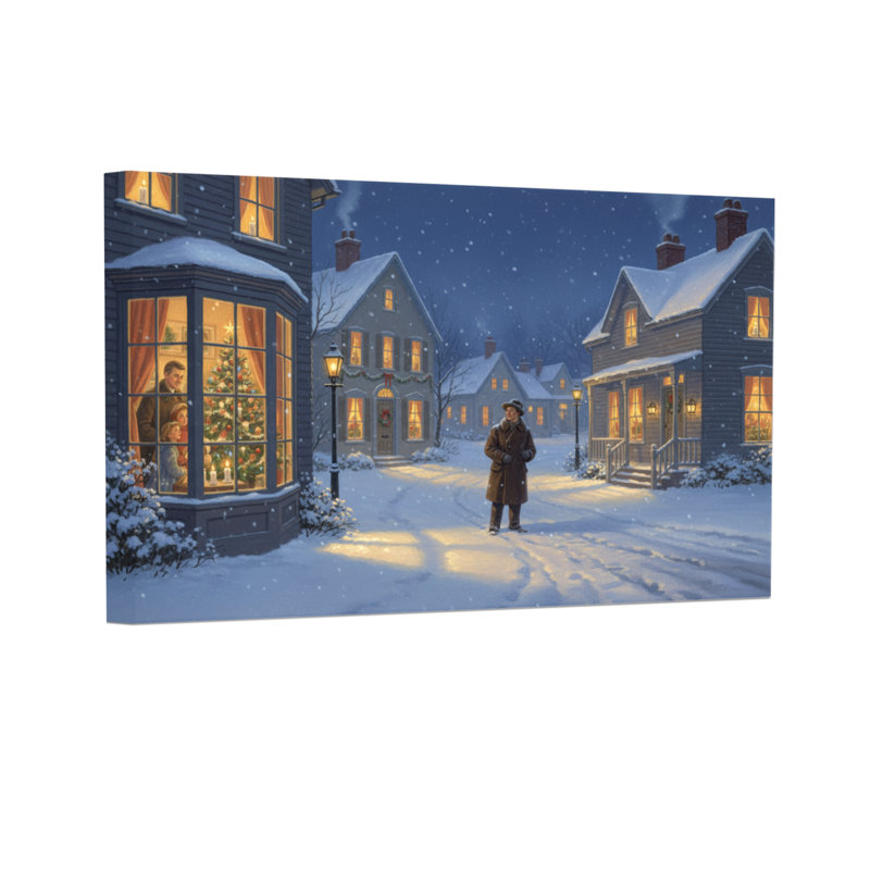 Scène de rue de Noël, nuit d'hiver, neige et lumières, H 24 po x l 36 po