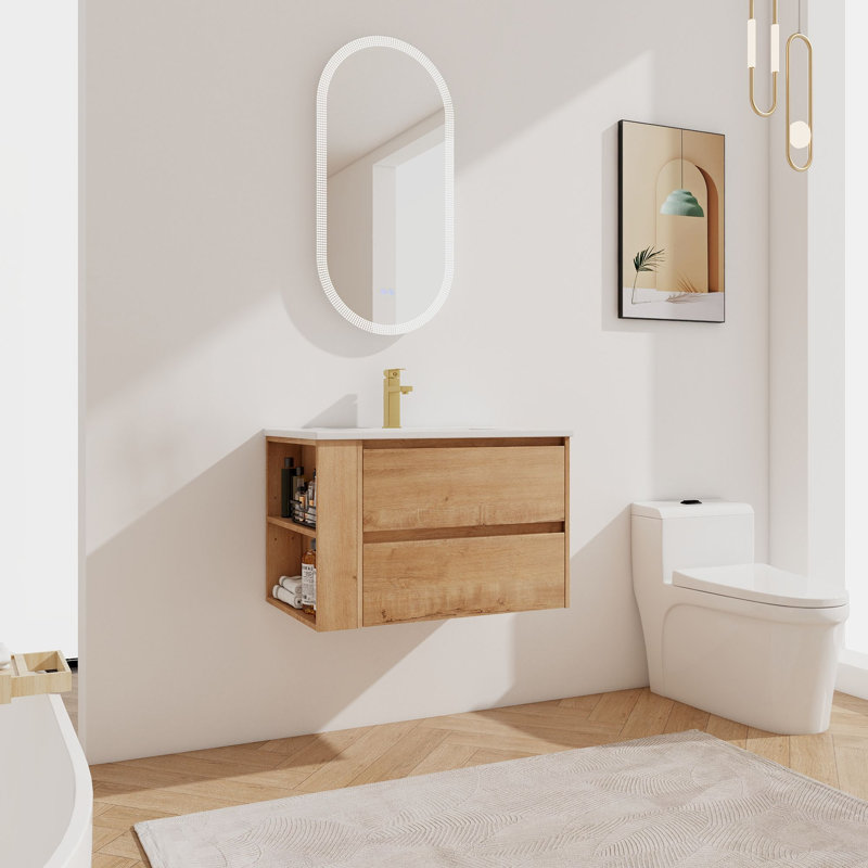 Meuble-lavabo mural 30 po avec lavabo en céramique, Imitation chêne