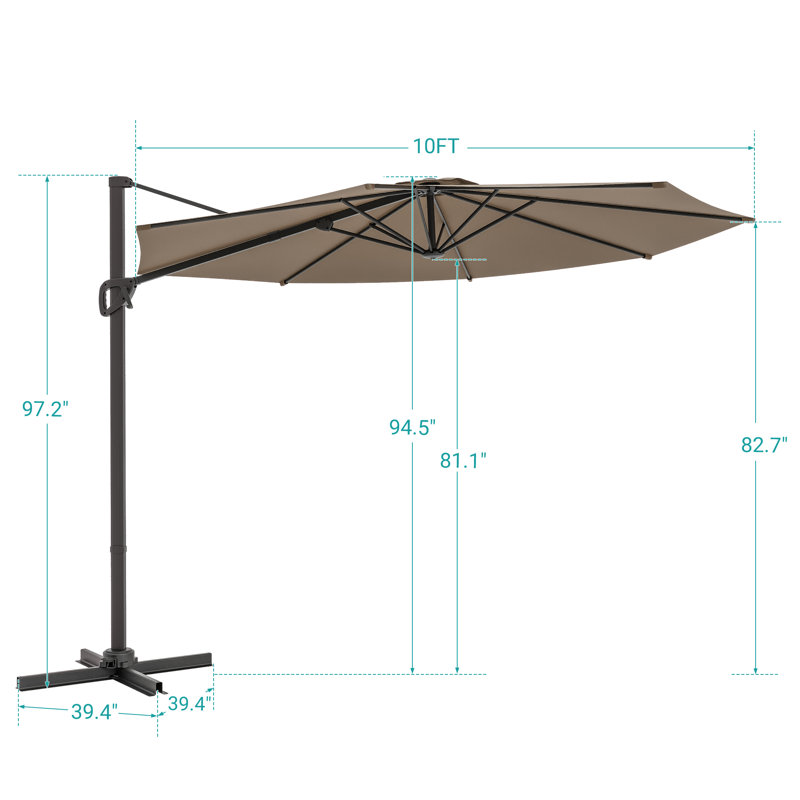 Parasol en porte-à-faux 10 pi avec tissu teint dans la masse, abat-jour luxueux avec rotation à 360 °, Taupe
