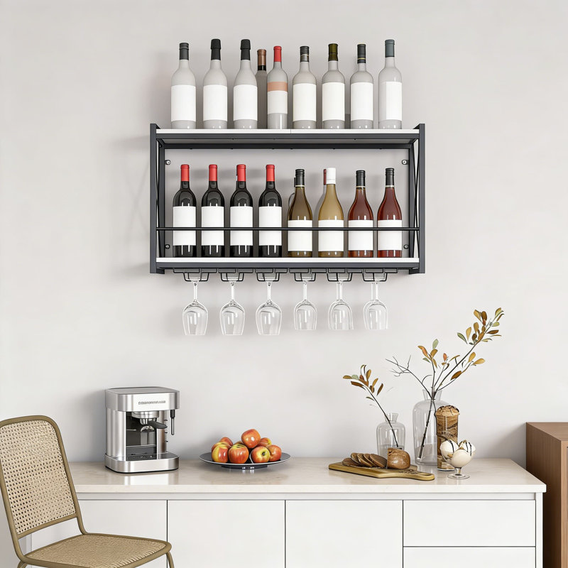 Support à vin mural, solution de rangement rustique industrielle à deux niveaux pour la cuisine, la salle à manger ou le bar à la maison