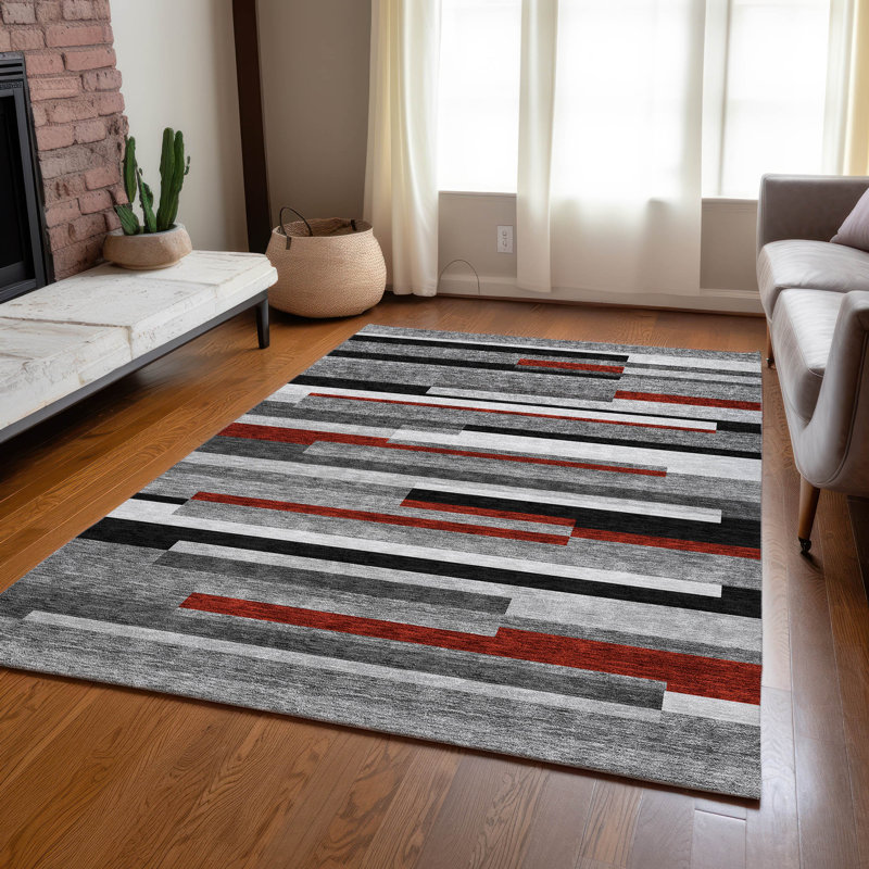 Gray Stripe Flat Woven Synthetic 5' x 7' Washable Rug