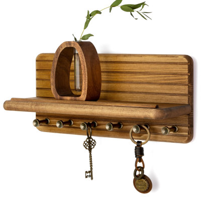 Porte-clés mural pour décoration intérieure - Porte-clés décoratif en bois de pin 11 pouces pour mur avec 6 crochets et tablette flottante (brun clair)