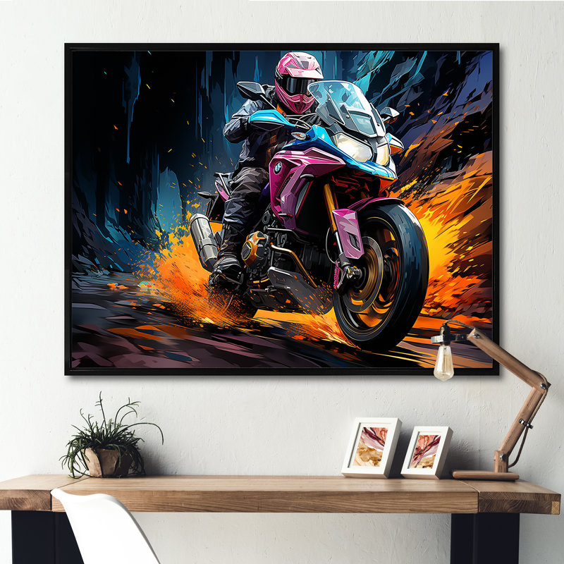 Aquarelle, motocyclette, Speedster, chemin I, H 24 po x l 32 po x P 1 po, Cadre flottant noir