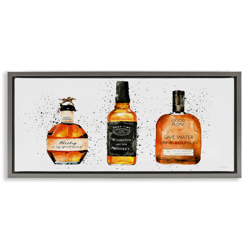 Bouteilles de whisky amusantes, Cadre flottant gris lustré, H 14 po x l 31 po