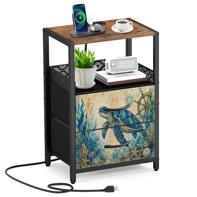 Table de chevet 2 tiroirs en tissu avec station de charge et tortue
