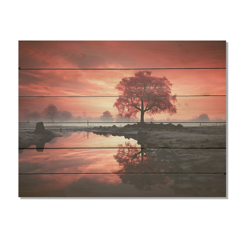 «Silk Raspberry Tree Reverie Landscape I», art mural sur bois de pin naturel, H 10 po x l 20 po