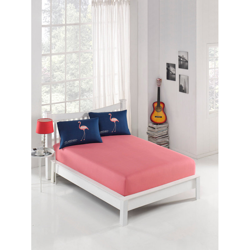 Ensemble de draps de luxe, bleu foncé et rose, pour lit simple (39 x 79 + 8) | 65% coton / 35% polyester, 120 fils | Lavable à la machine, taie d'oreiller à fermeture enveloppante, douce et durable pour plus de confort