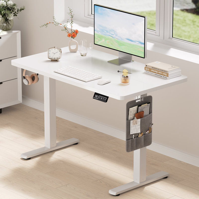 Alvana Adjustable Metal Base Standing Desk, White, White, 116cm H x 100cm W x 60cm D