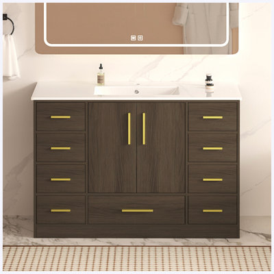 Armoire de salle de bain 48 po brun foncé avec rangement abondant, 2 portes à fermeture douce et 9 tiroirs pleine extension