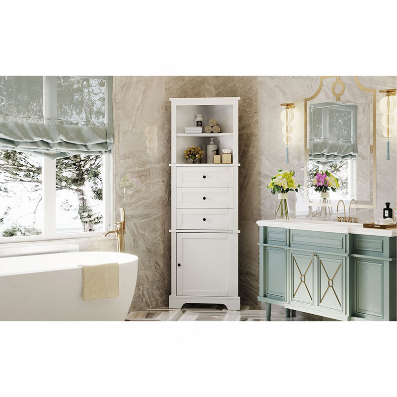 Armoire haute triangulaire avec 3 tiroirs et tablettes réglables pour la salle de bain, la cuisine ou le salon, Blanc
