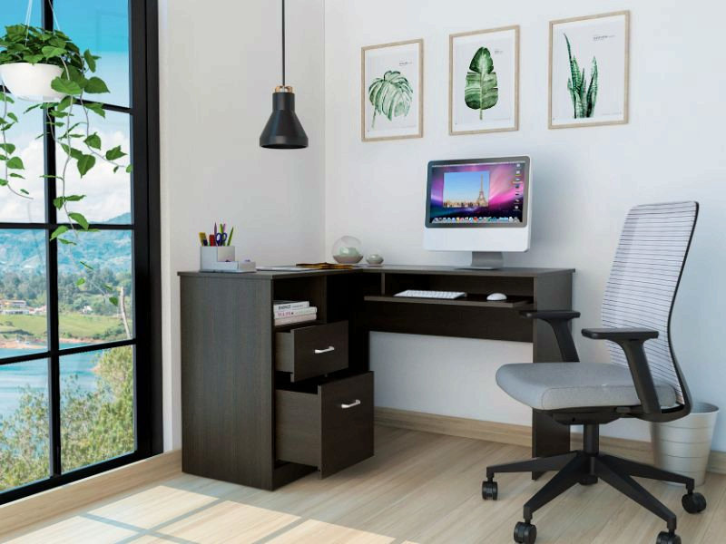 Bureau en L, deux tiroirs, une tablette, rangement pour unité centrale, Noir
