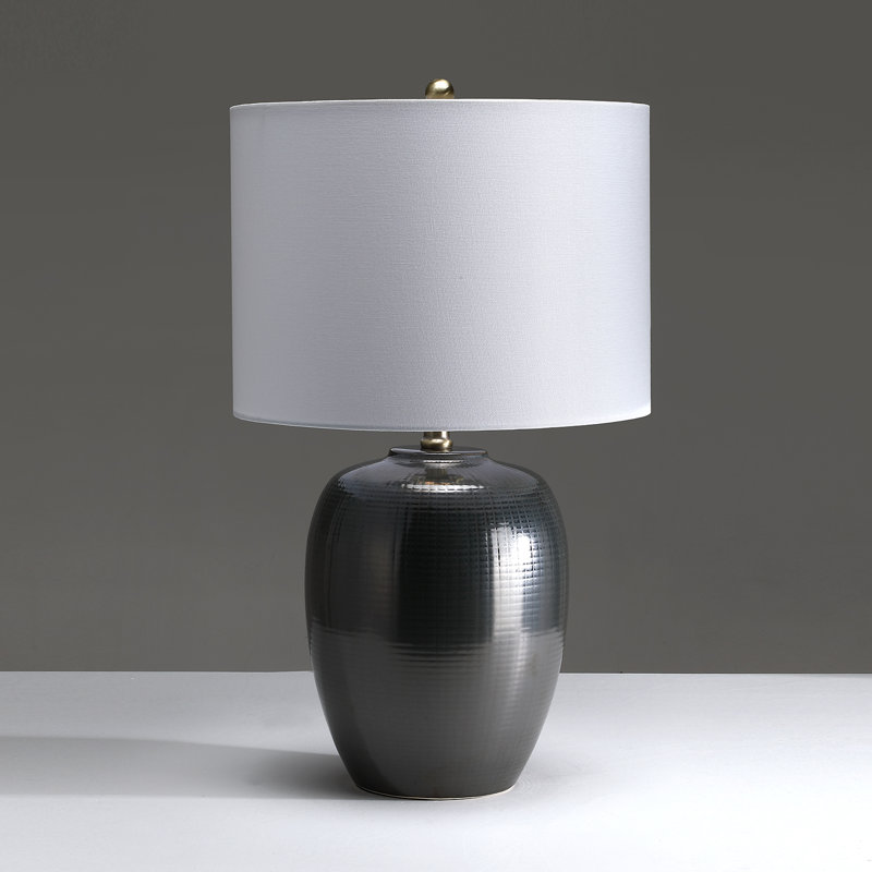 23in. 3-Way Gray Ceramic Table Lamp With Drum Shade, Gray