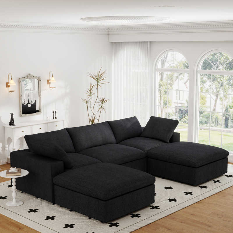 Kenda 5-Piece Upholstered Modern Linen Slipcovered Sectional With Storage Ottoman, Black Linen