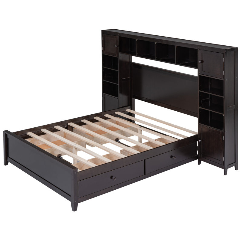 - Lit double en bois avec armoire intégrée et tablette intégrée - Stable et élégant dans un ton attrayant, Espresso
