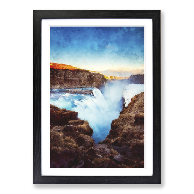 A Waterfall in Iceland - Picture Frame Painting, 48cm H x 36cm W x 2cm D, Black Framed