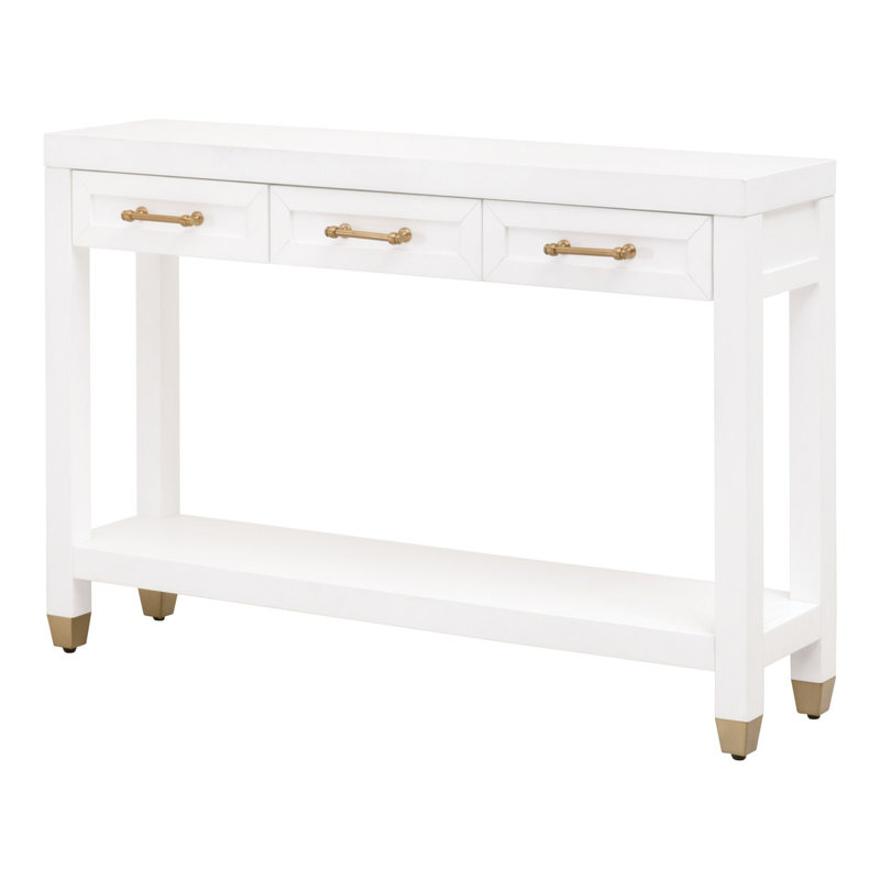 Matte White Narrow Console Table with Brass Accents