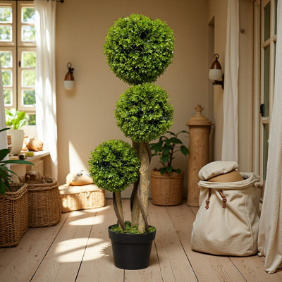 Artificial Boxwood Topiary Tree with Cement Pot (3 Ball) - UV-Resistant Fake Plant for Indoor & Outdoor Home, Office, Porch Decor