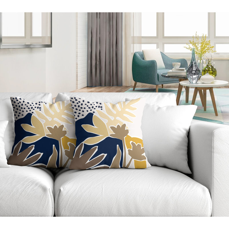 Jeté carré en polyester / mélange de polyester intérieur / extérieur, L 17 po x H 17 po, Jaune / bleu marine / beige