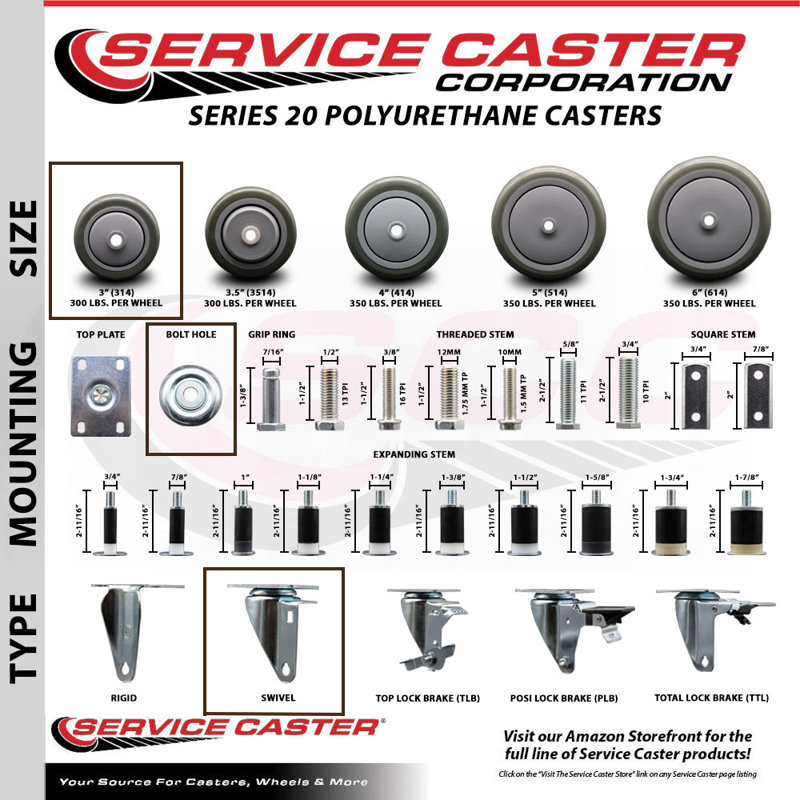 SS Polyurethane Wheel Swivel Bolt Hole Caster Set with 2 Brake SCC