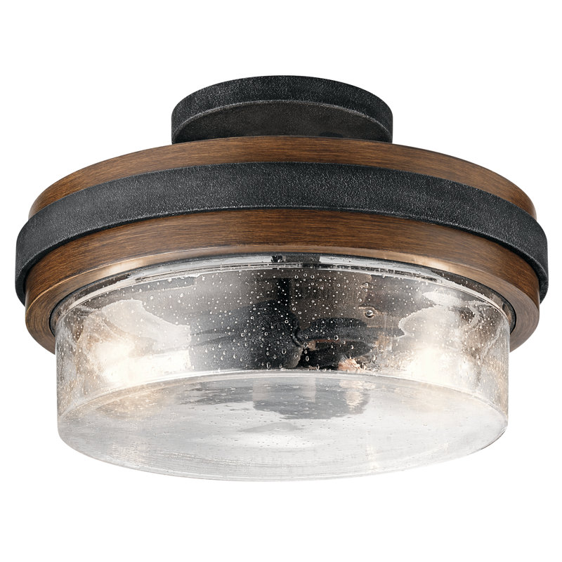 2-Light 12-Inch Auburn Stained Indoor Semi-Flush Mount Light with Seeded Glass Shade, Auburn Stained
