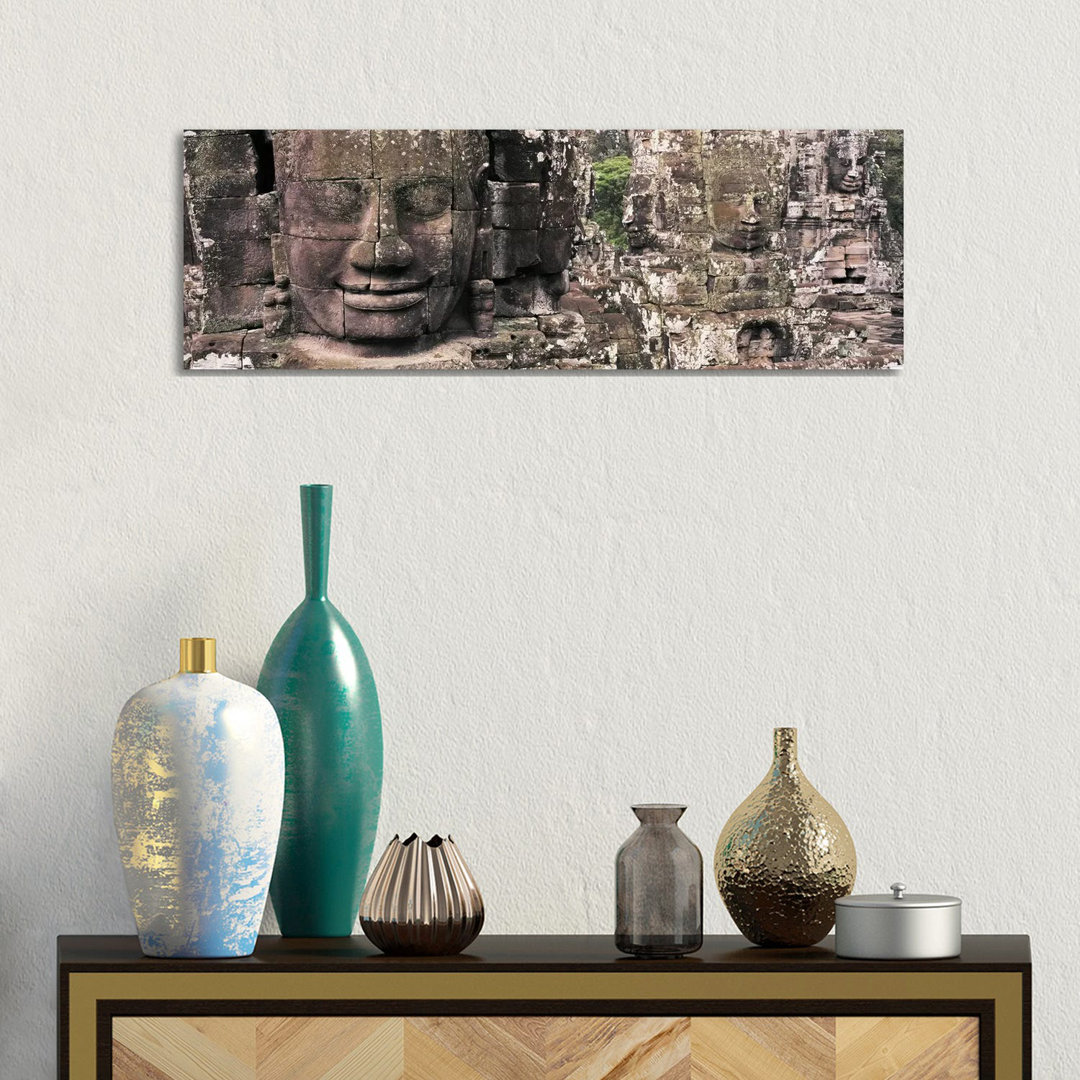 Stone Faces Bayon Angkor Siem Reap Cambodia - Wrapped Canvas Panoramic Print