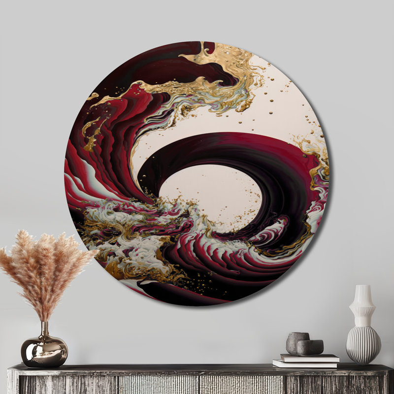 «Abstract Waves Iv», art mural rond en spirale abstraite sur métal, H 23 po x l 23 po, Rouge