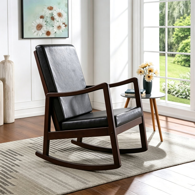 Chaise berçante en cuir synthétique brun foncé et finition espresso