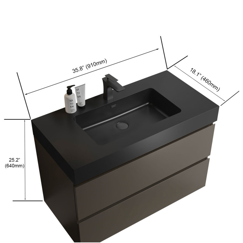 Meuble-lavabo de salle de bain flottant mural, Gris, Noir, 36"