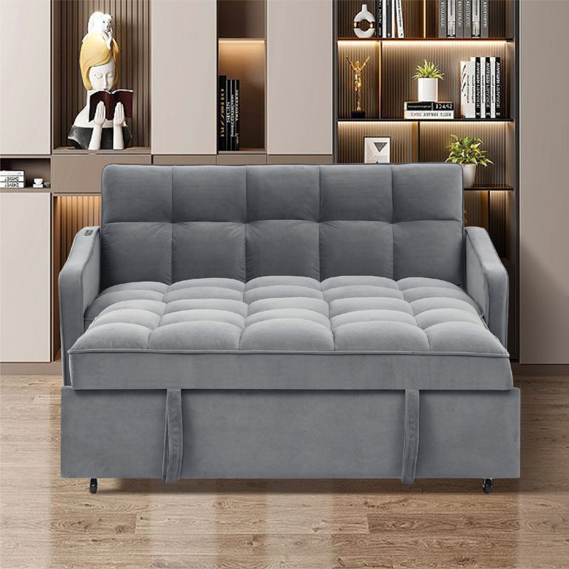 Canapé-lit à accoudoirs carrés en velours de 53 po Urso, Velours gris
