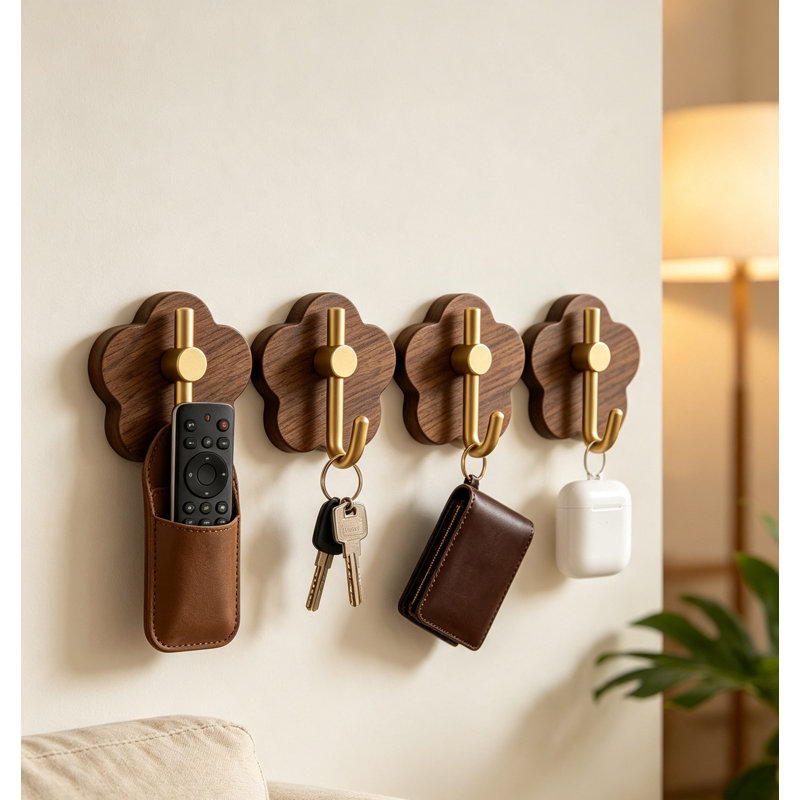 Patères murales en bois en forme de fleur, porte-manteau en bois naturel, ensemble de 4, Brun
