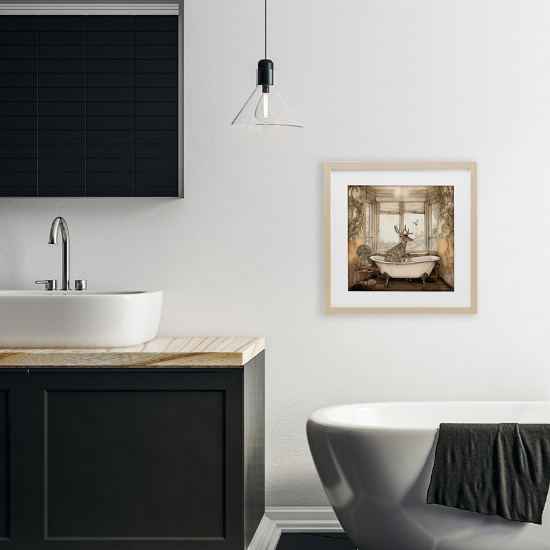 «Buck with Antler Bath Time», reproduction encadrée sous verre, conception de Sasha, H 13 po x l 13 po