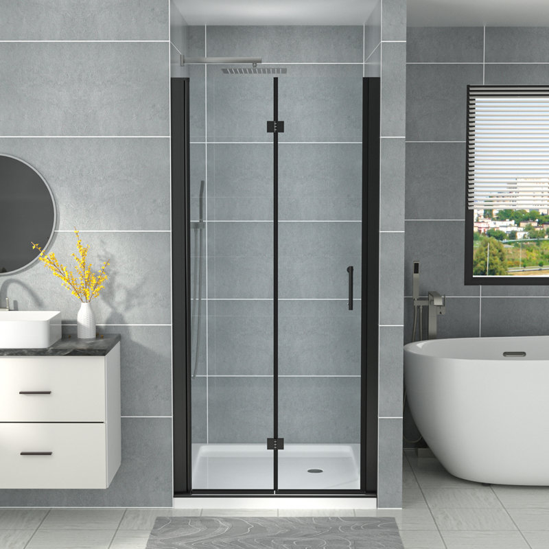 30 - 31 3/8" W x 72" H BiFold Frameless Glass Shower Door with Clear Tempered Glass, Matte Black