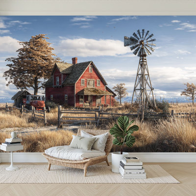 Papier peint adhésif auto-adhésif pour la chambre à coucher, moulin à vent, paysage de campagne rétro, grange rouge, ciel nuageux L 144 po x l 100 po