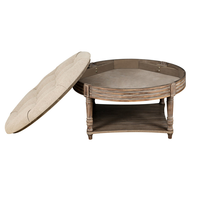 Classic Round With Shelf Storage - , Linen Upholstery For Living Space Coffee Table Upholstery, Wooden Frame Room, Gray Khaki